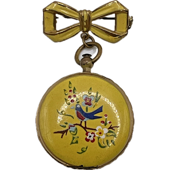 Unbranded Jewelry - Vintage Yellow Ribbon Robin Bird Photo LOCKET BROOCH Gold Tone Costume Jewelry